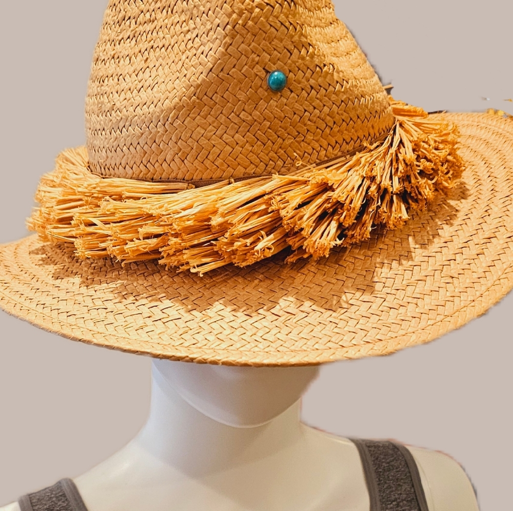 BCBG Straw Raffia Brim Panama Hat w/ Turquoise-EUC